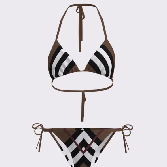 NWT Burberry Vintage Check Print Triangle Bikini - Dark Birch Brown - Picture 2 of 5